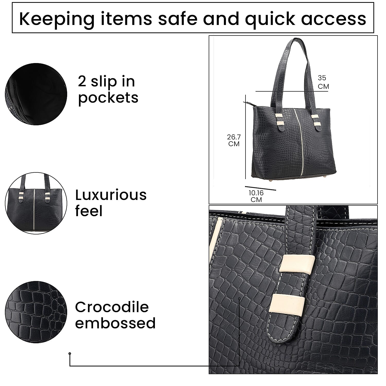100% Genuine Leather Crocodile Embossed Tote Bag - Navy