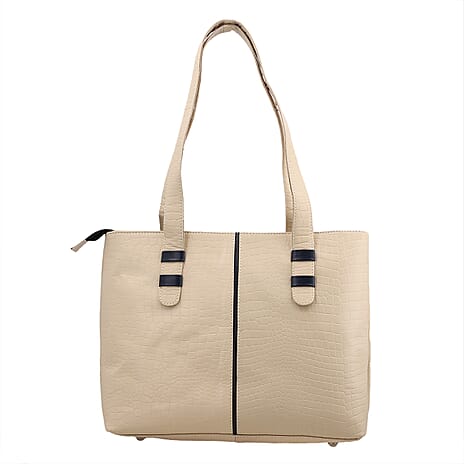 100% Genuine Leather Crocodile Embossed Tote Bag - Cream