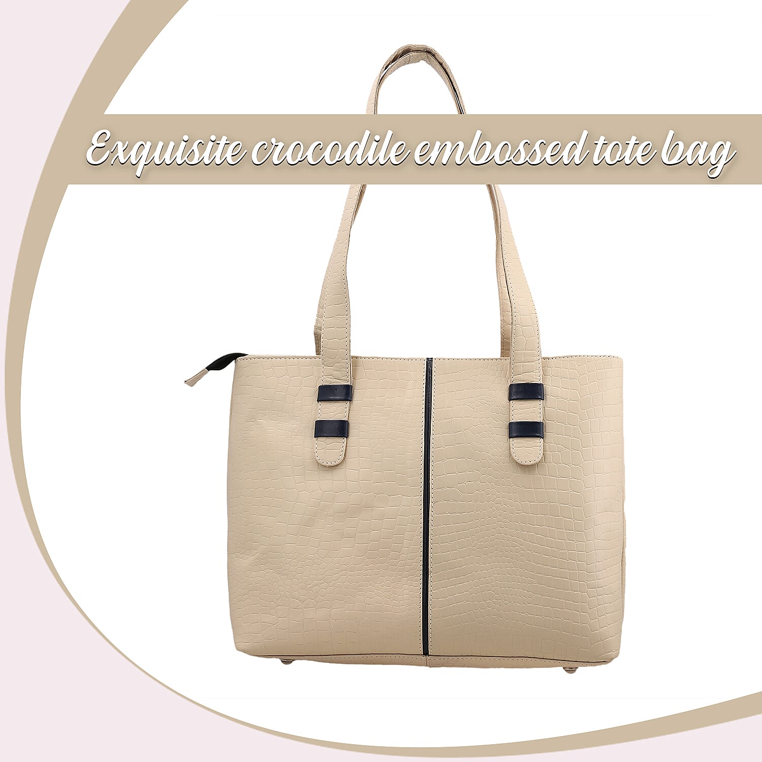 100% Genuine Leather Crocodile Embossed Tote Bag - Cream