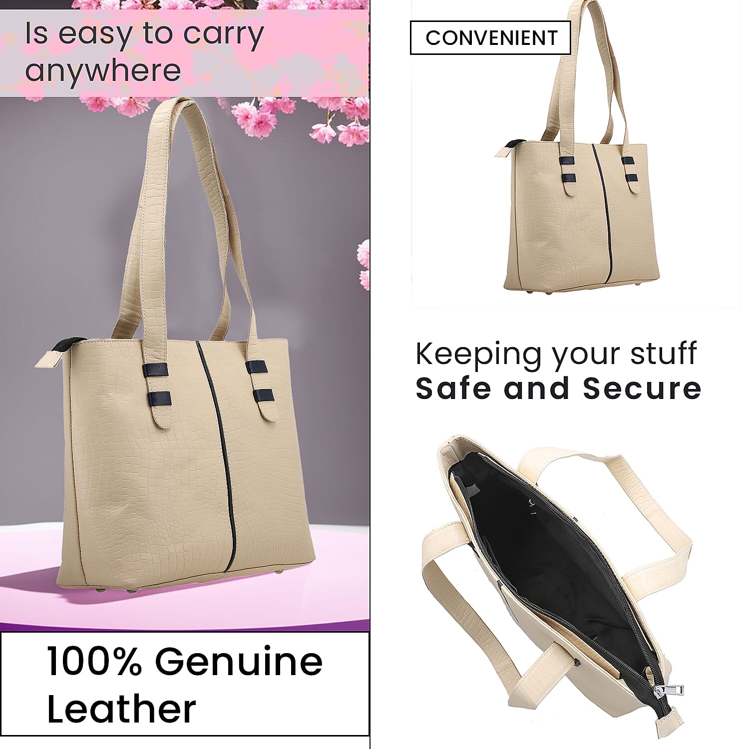 100% Genuine Leather Crocodile Embossed Tote Bag - Cream