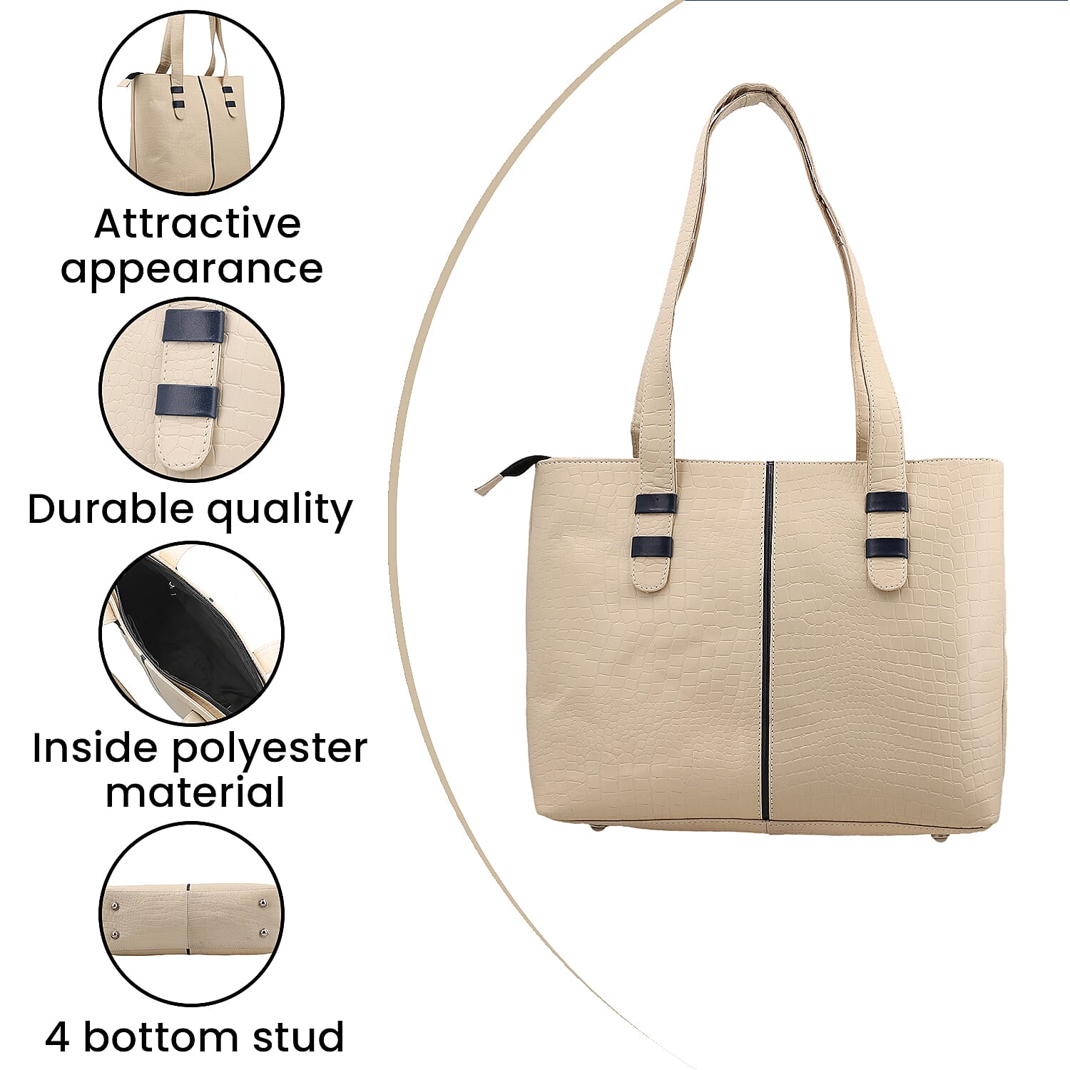 100% Genuine Leather Crocodile Embossed Tote Bag - Cream