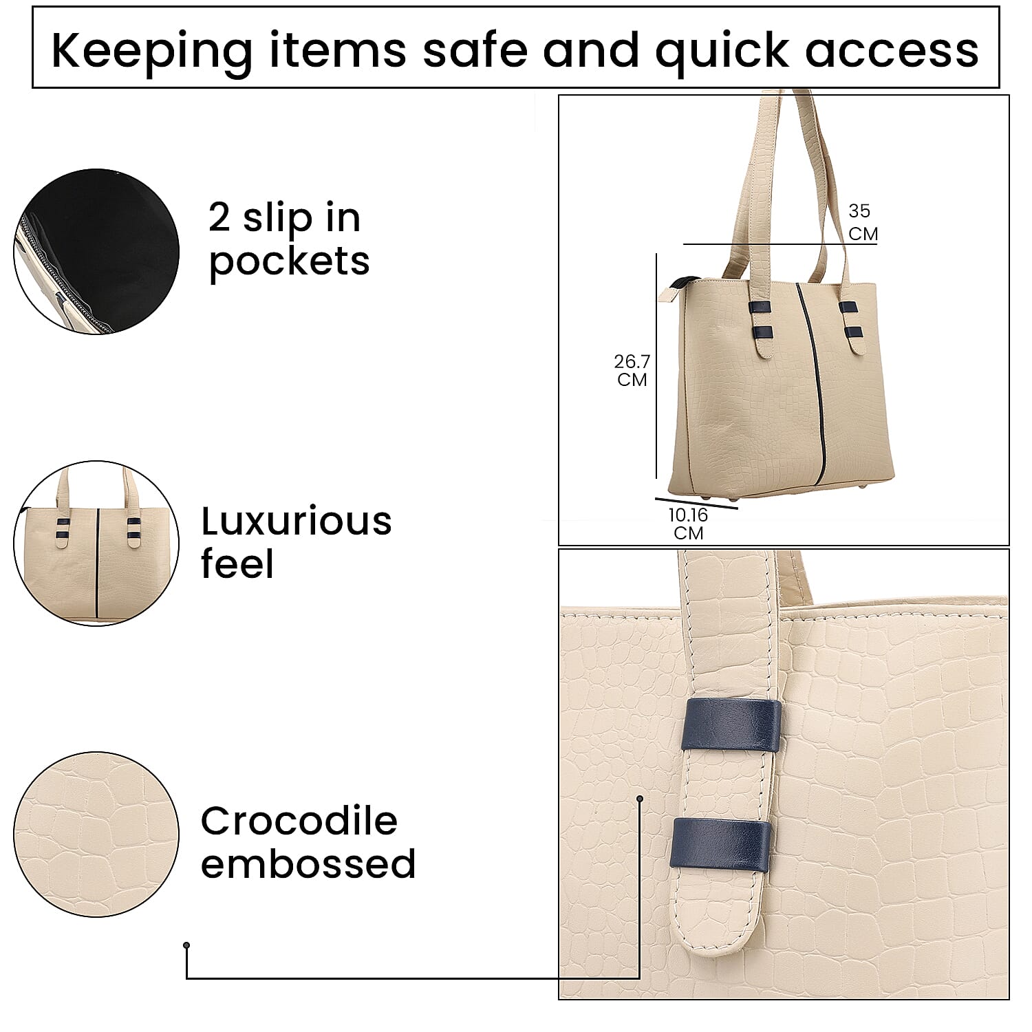 100% Genuine Leather Crocodile Embossed Tote Bag - Cream