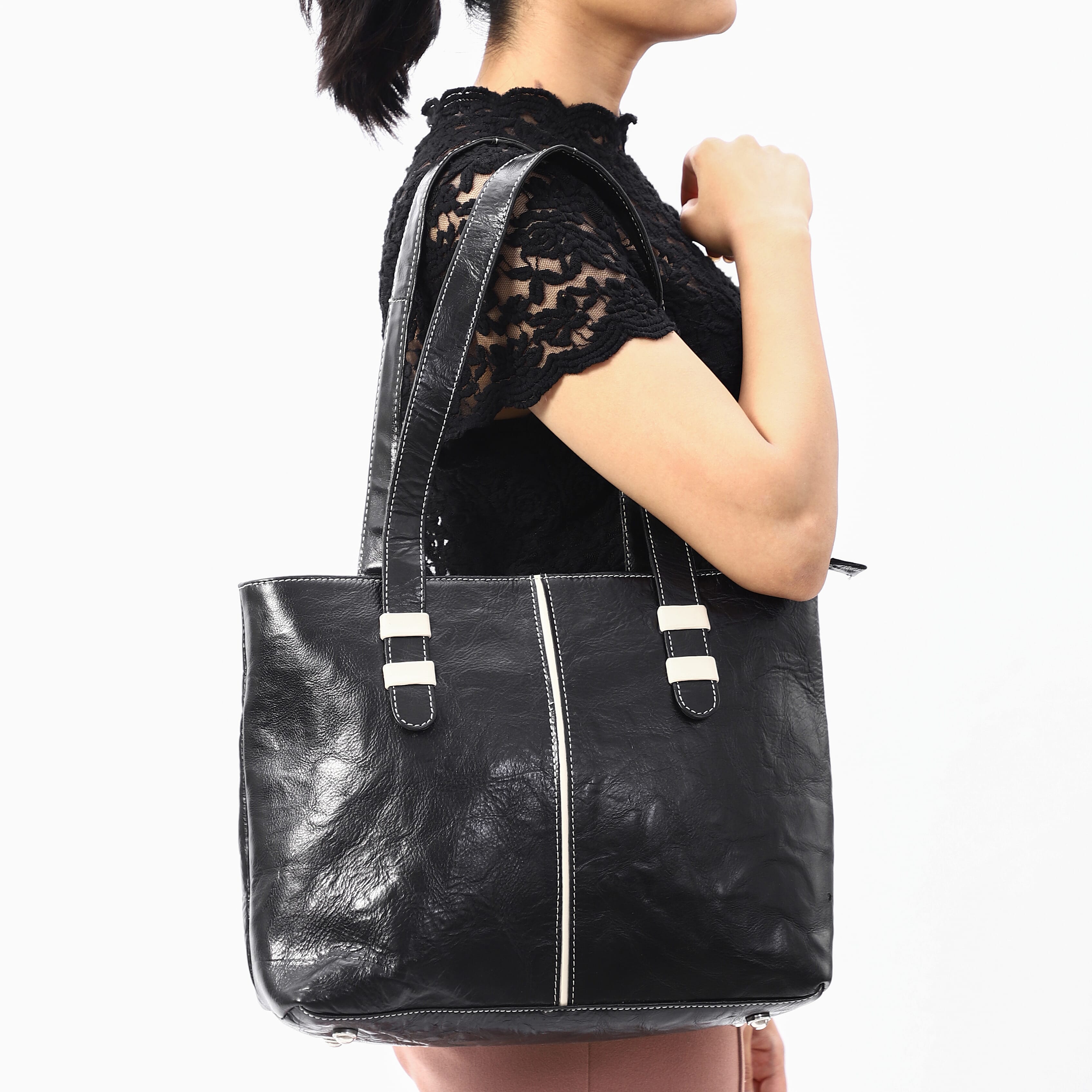 100% Genuine Leather Crocodile Embossed Tote Bag - Black