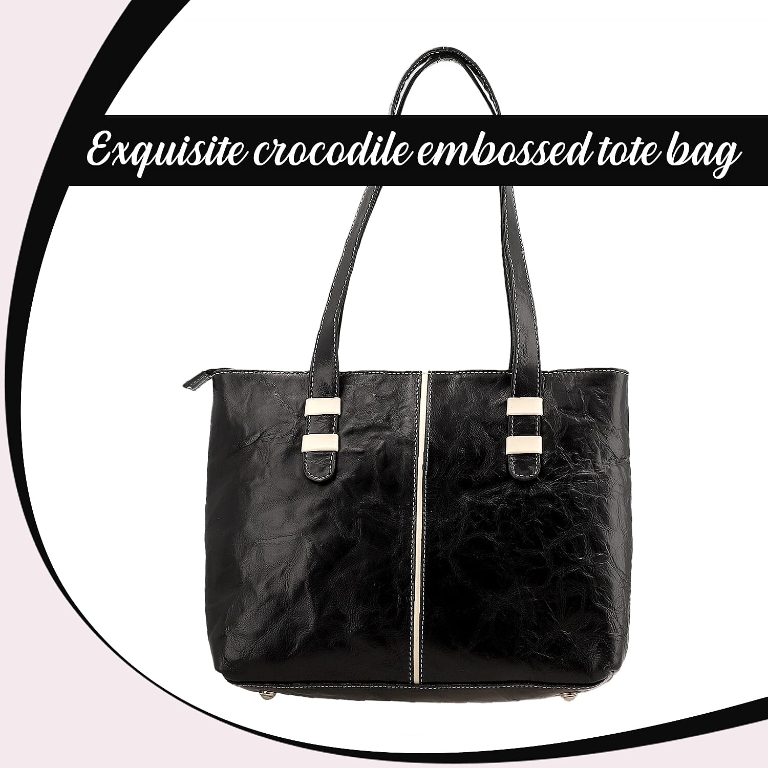 100% Genuine Leather Crocodile Embossed Tote Bag - Black