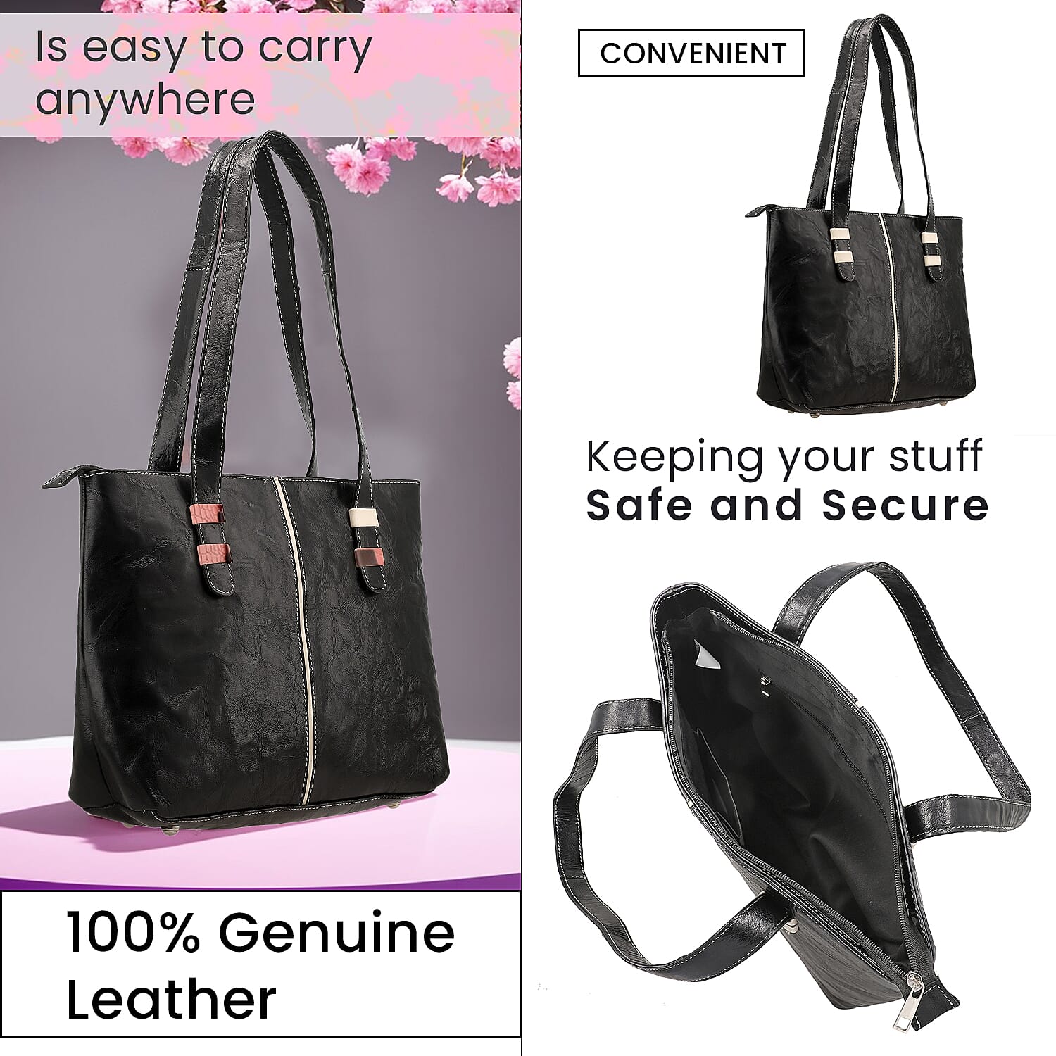 100% Genuine Leather Crocodile Embossed Tote Bag - Black
