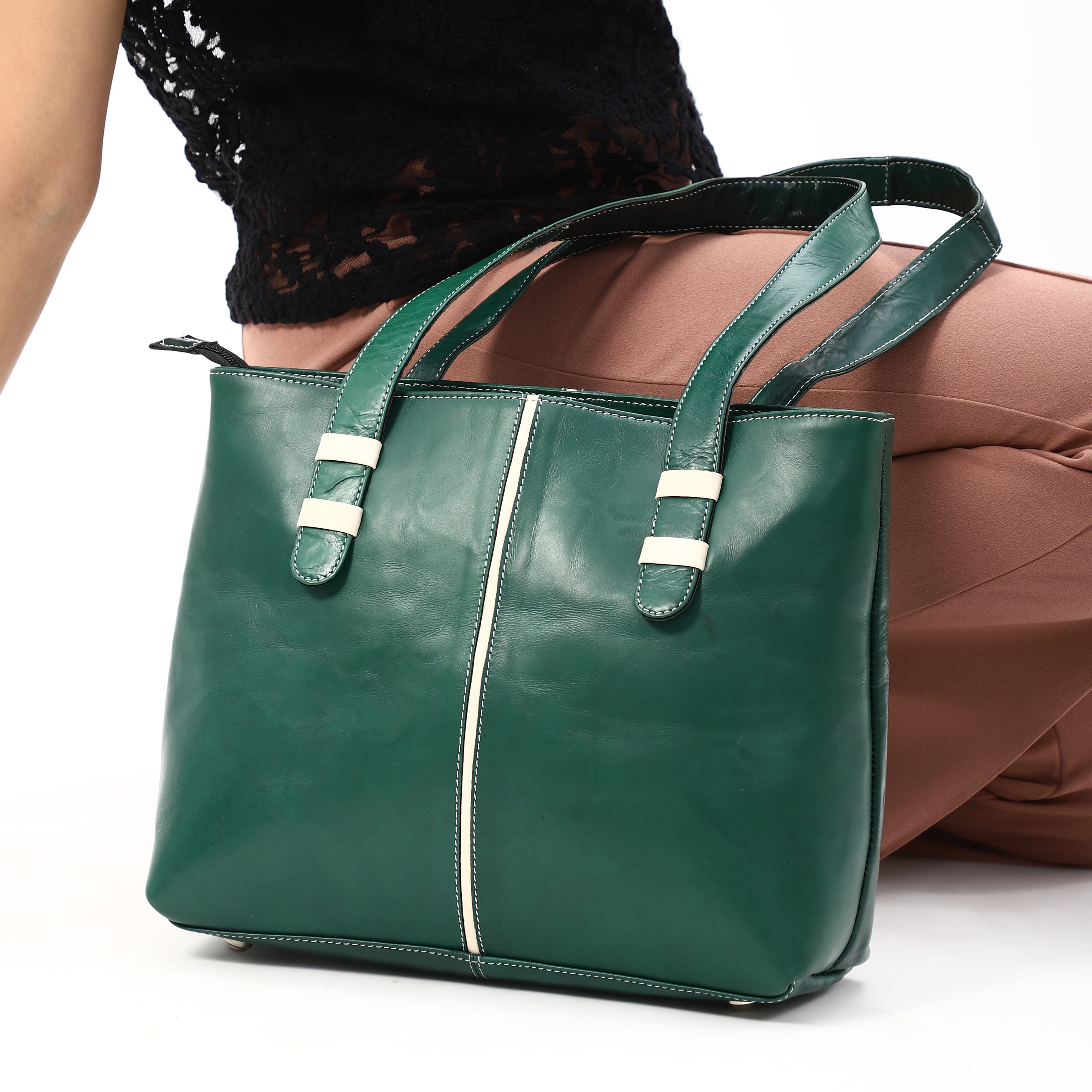 100% Genuine Leather Crocodile Embossed Tote Bag - Green