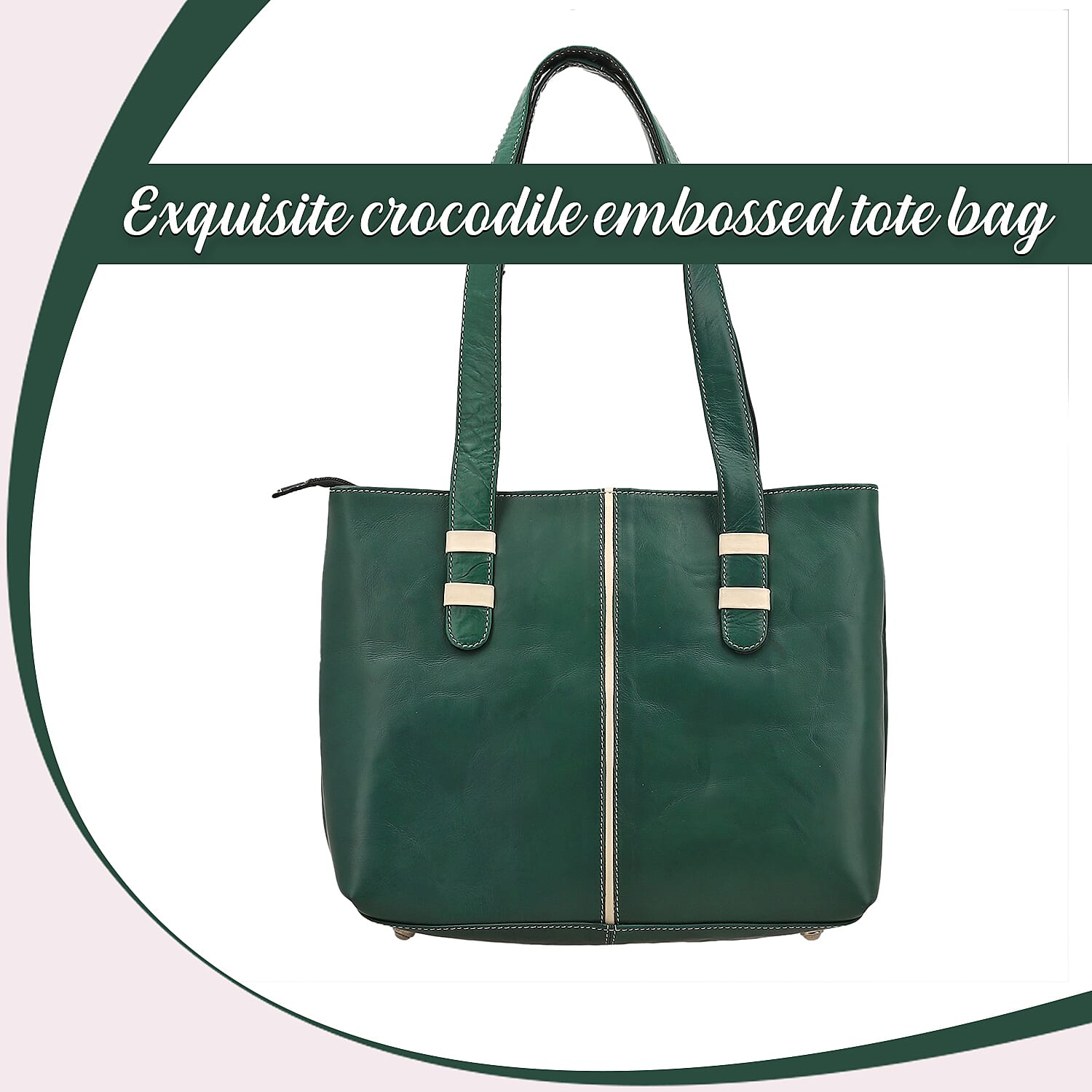 100% Genuine Leather Crocodile Embossed Tote Bag - Green