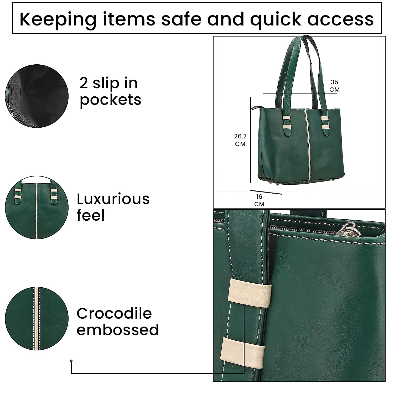100% Genuine Leather Crocodile Embossed Tote Bag - Green