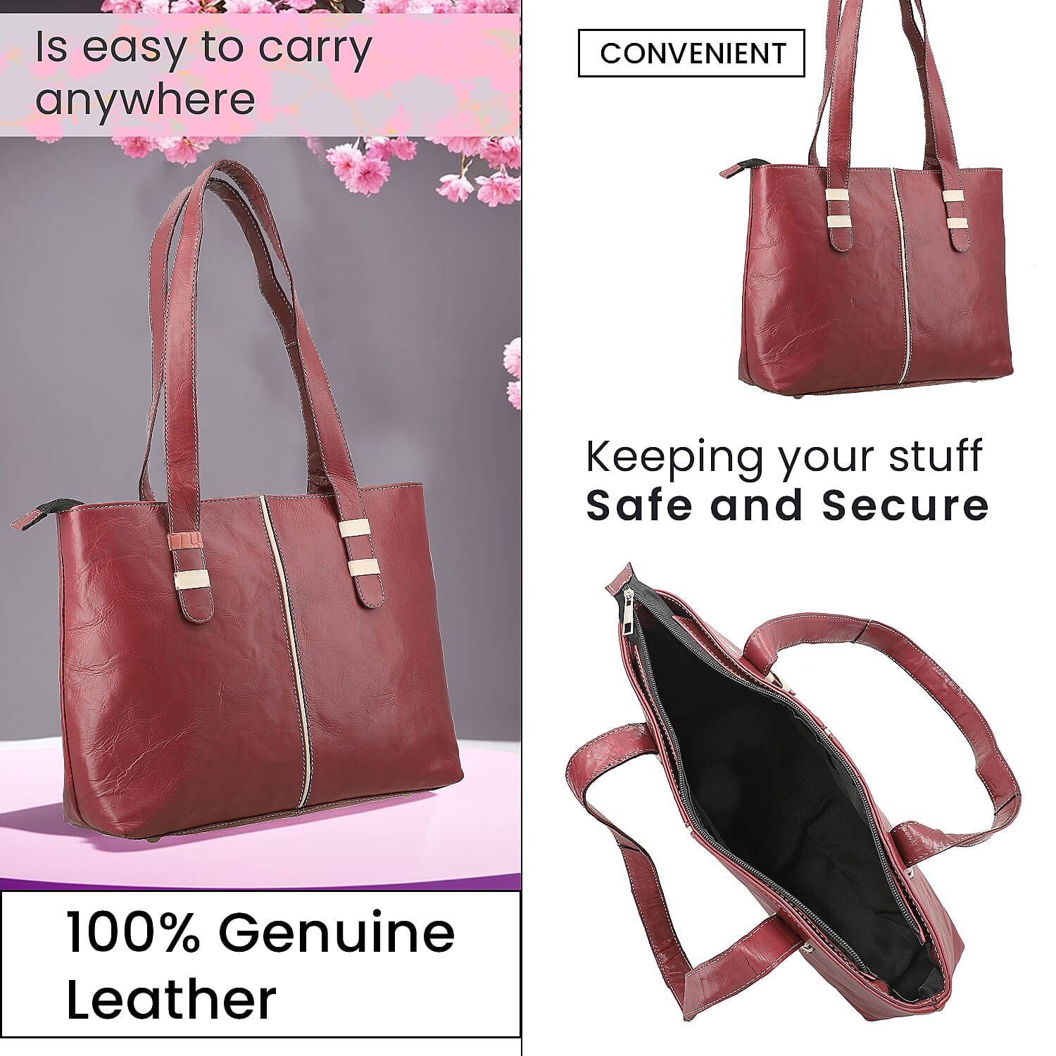 100% Genuine Leather Crocodile Embossed Tote Bag - Burgundy