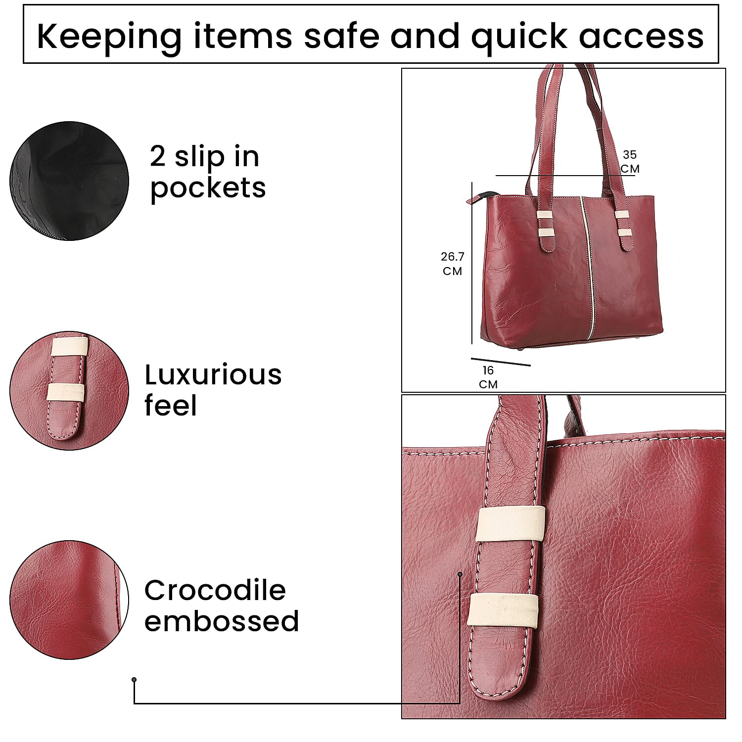 100% Genuine Leather Crocodile Embossed Tote Bag - Burgundy