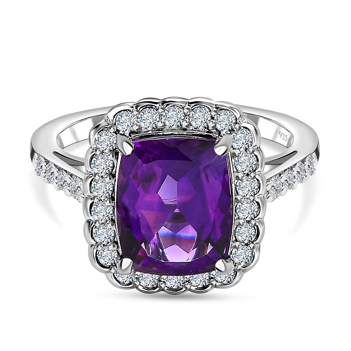 Moroccan Amethyst and Natural Zircon Halo Ring in Platinum Overlay Sterling Silver 3.60 Ct