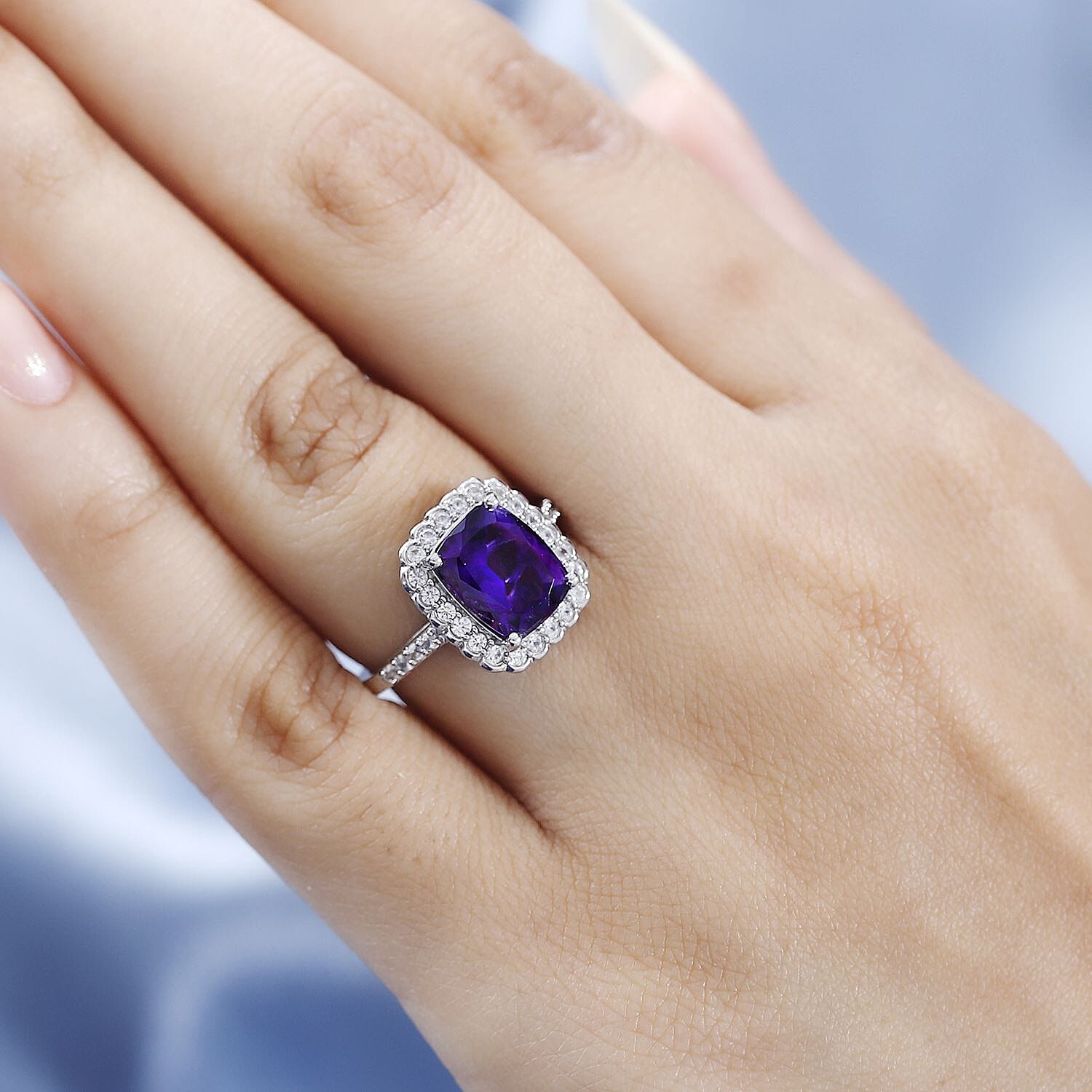 Moroccan Amethyst and Natural Zircon Halo Ring in Platinum Overlay Sterling Silver 3.60 Ct