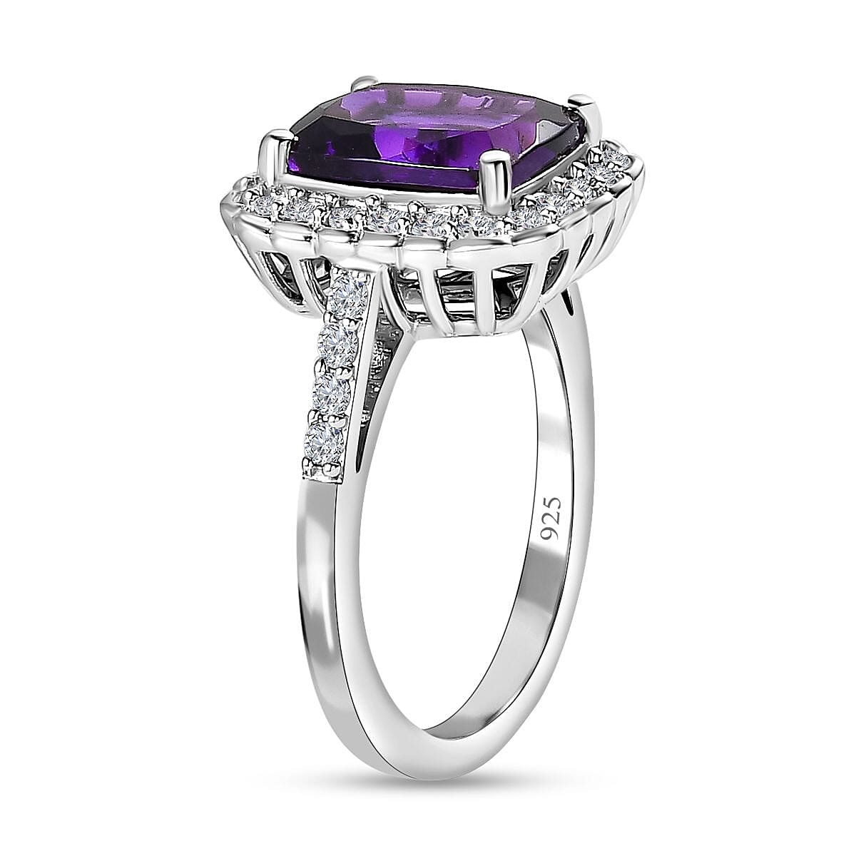 Moroccan Amethyst and Natural Zircon Halo Ring in Platinum Overlay Sterling Silver 3.60 Ct