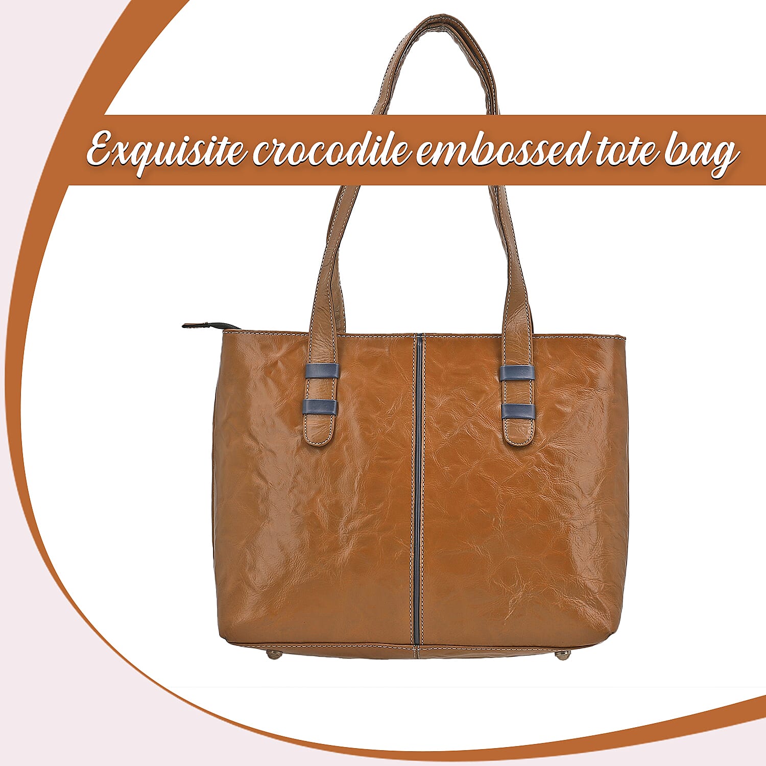 100% Genuine Leather Crocodile Embossed Tote Bag - Sand