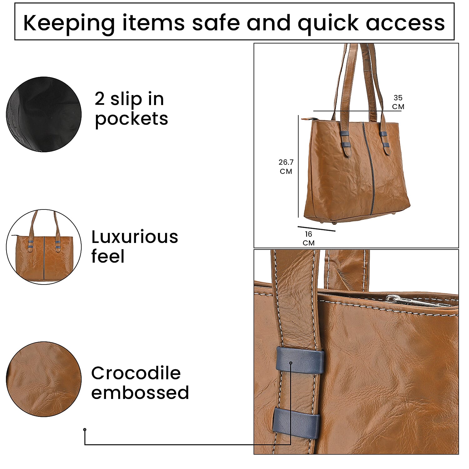 100% Genuine Leather Crocodile Embossed Tote Bag - Sand