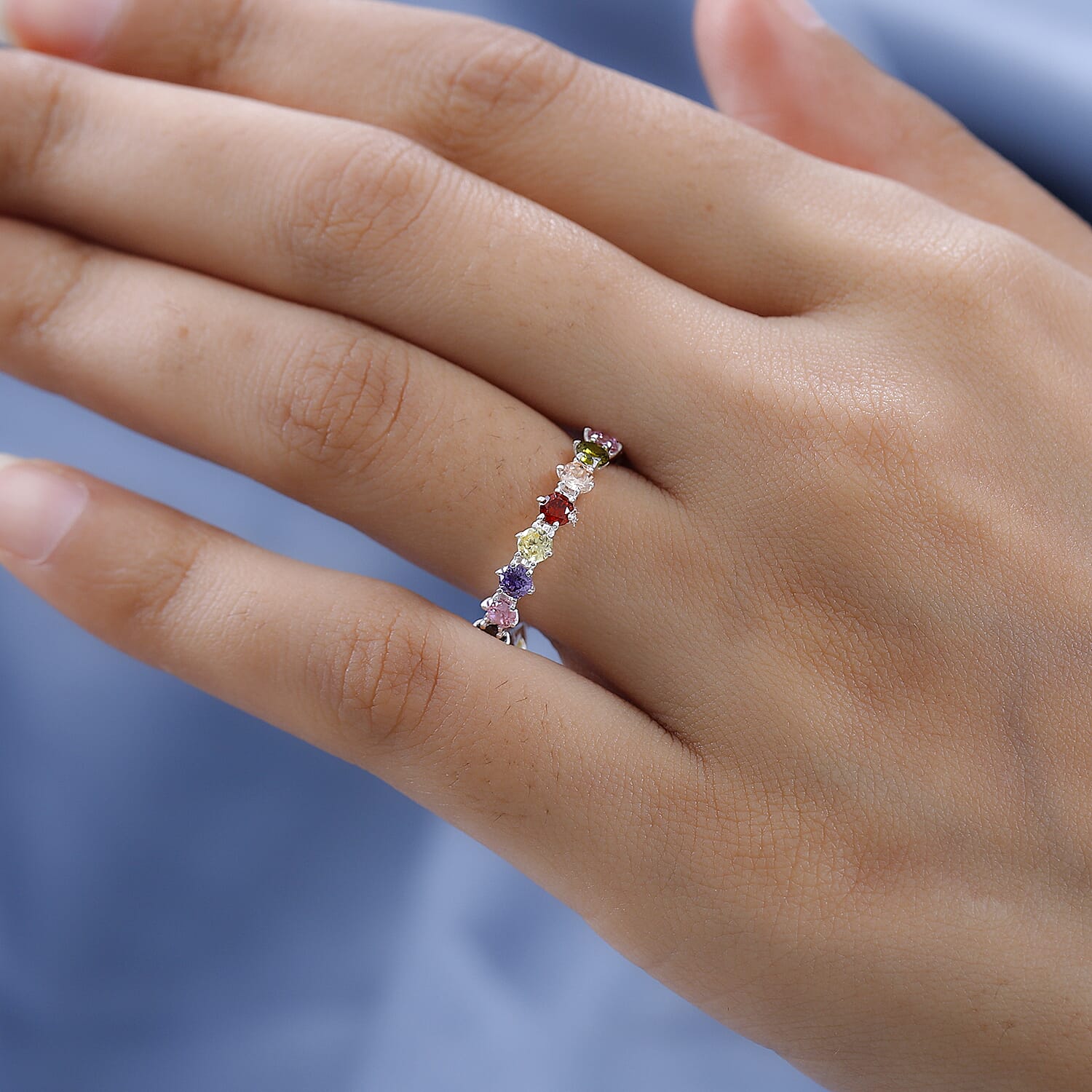 Multi Simulated Gemstone Band Ring in Sterling Silver 3.60 Ct.