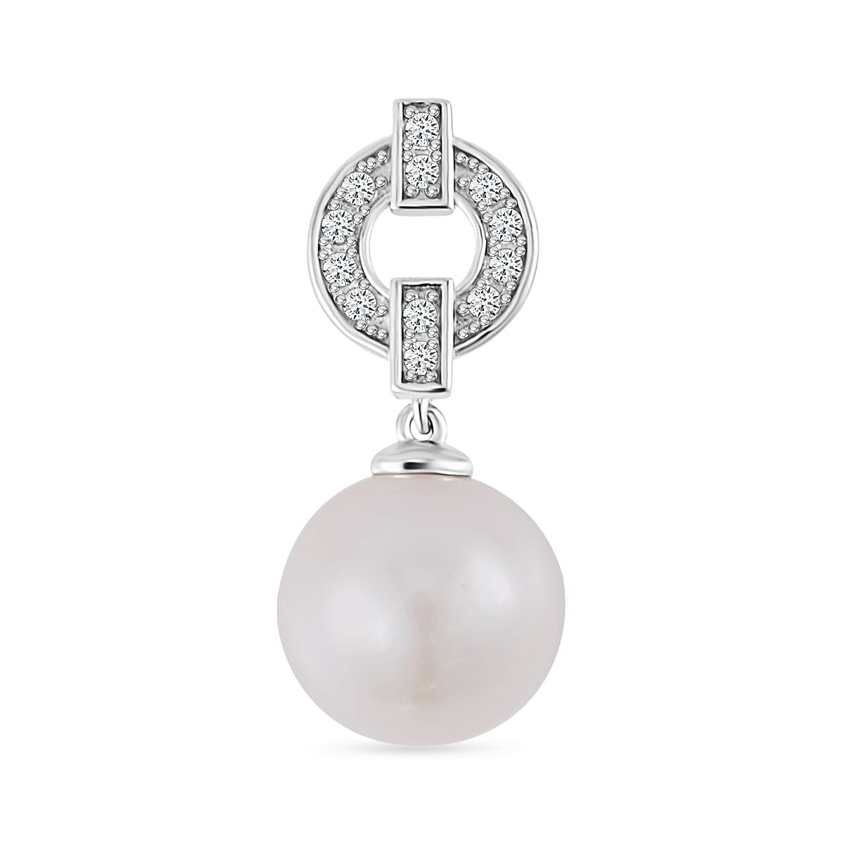 Designer Inspired - White Edison Pearl & Natural Zircon Pendant in Rhodium Overlay Sterling Silver