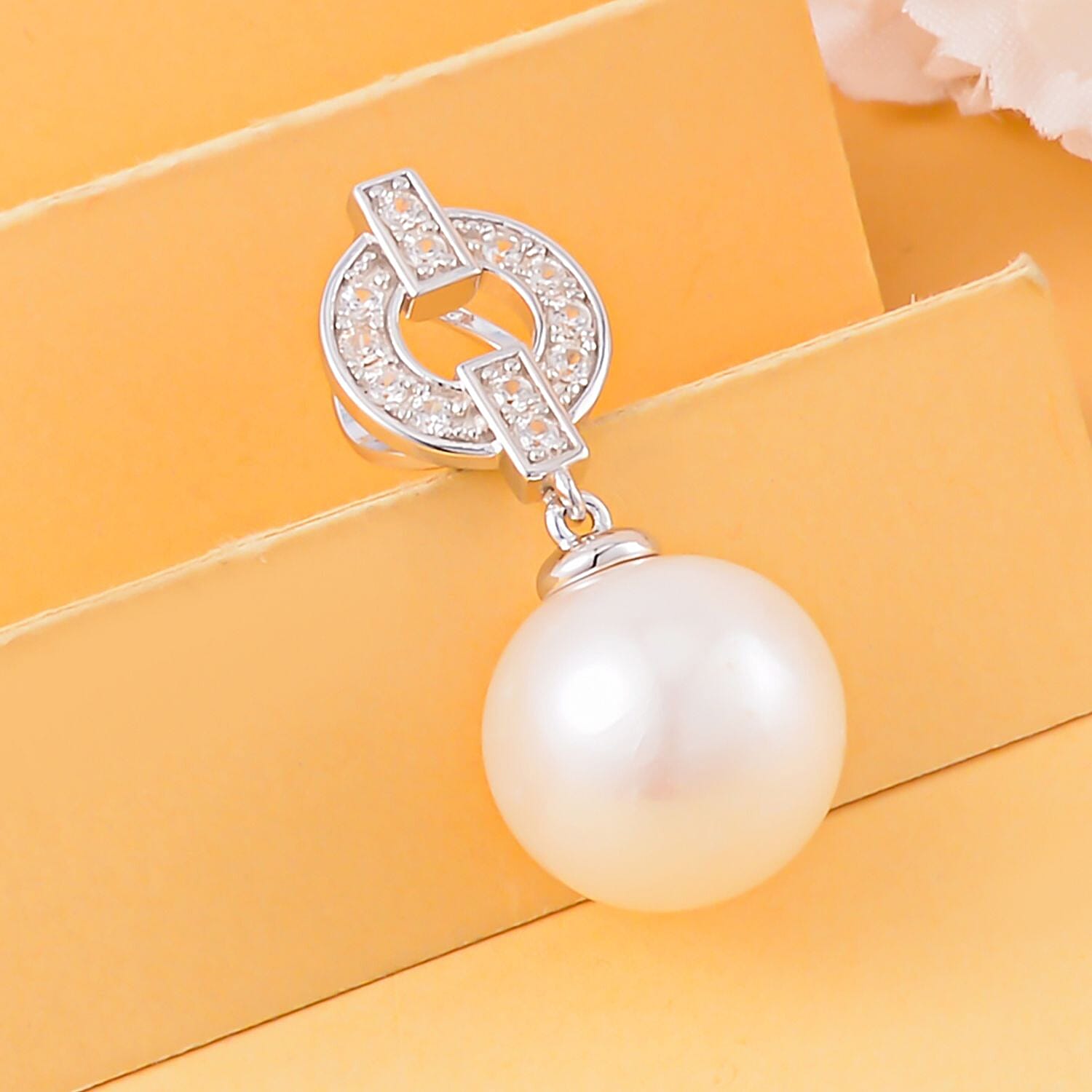 White Edison pearl, round nestled inside a sterling silver on sale leaf with sterling silver chain, beautiful luster pearl