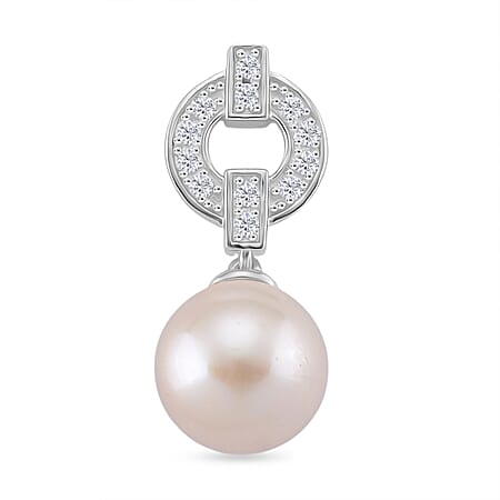 White Edison Pearl and White Zircon Pendant in Rhodium Overlay Sterling Silver