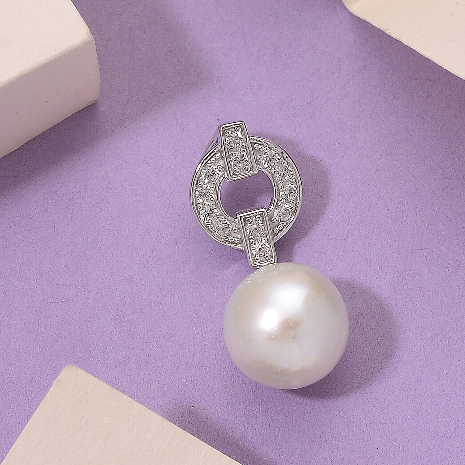 Designer Inspired - White Edison Pearl & Natural Zircon Pendant in Rhodium Overlay Sterling Silver