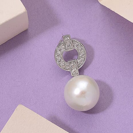 Designer Inspired - White Edison Pearl & Natural Zircon Pendant in Rhodium Overlay Sterling Silver
