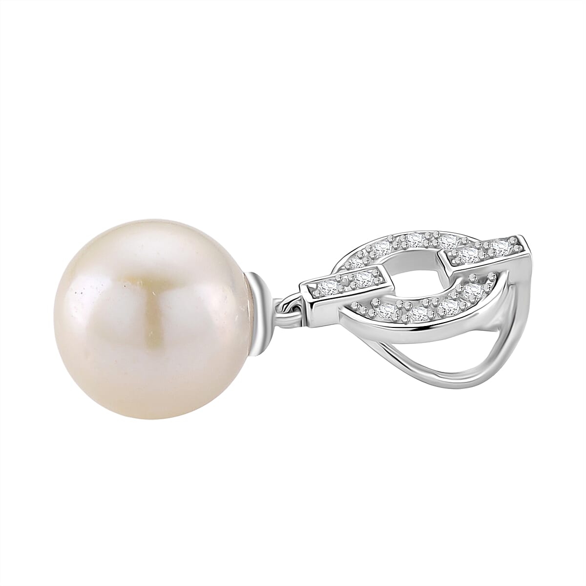 Designer Inspired - White Edison Pearl & Natural Zircon Pendant in Rhodium Overlay Sterling Silver