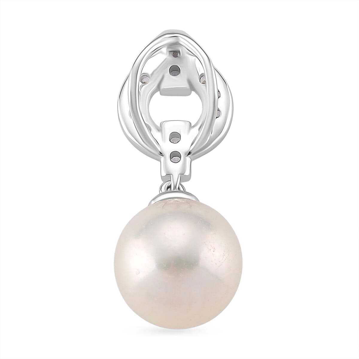 Designer Inspired - White Edison Pearl & Natural Zircon Pendant in Rhodium Overlay Sterling Silver