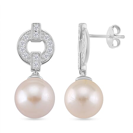 White Edison Pearl and White Zircon Dangle Earrings in Rhodium Overlay Sterling Silver
