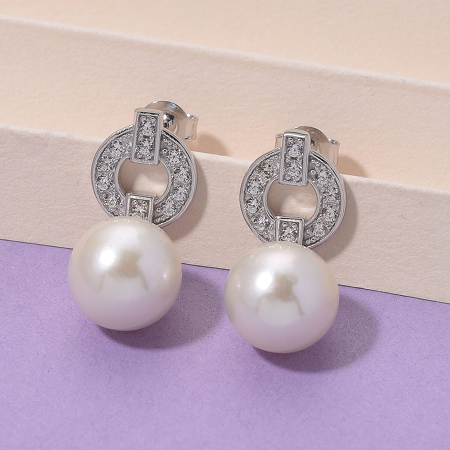 Designer Inspired - White Edison Pearl & Natural Zircon Dangle Earrings with Push Back in Rhodium Overlay Sterling Silver