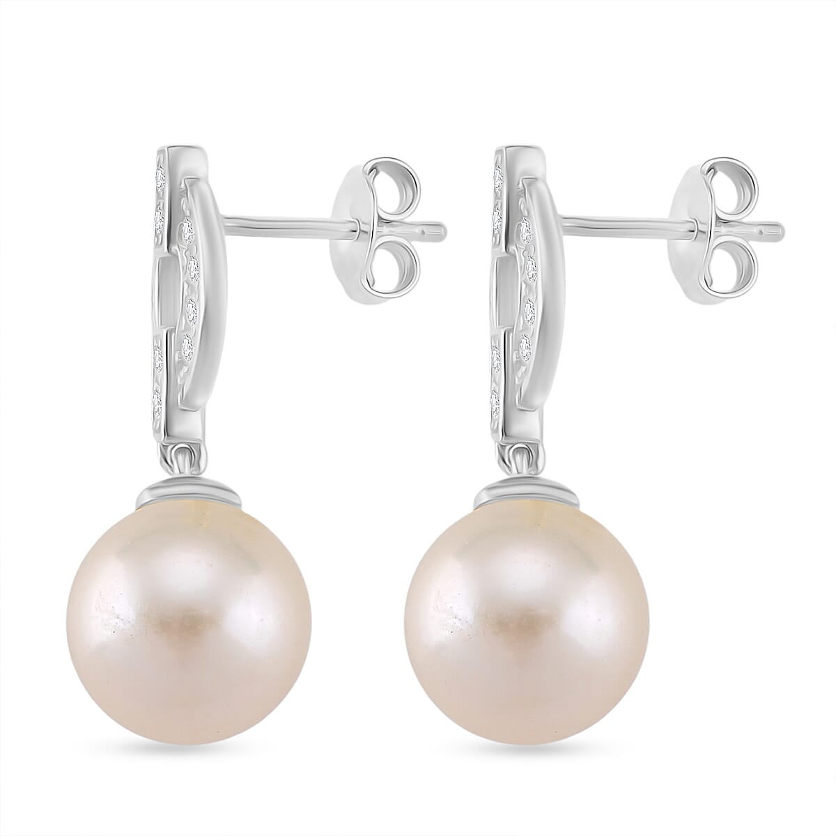 Designer Inspired - White Edison Pearl & Natural Zircon Dangle Earrings with Push Back in Rhodium Overlay Sterling Silver