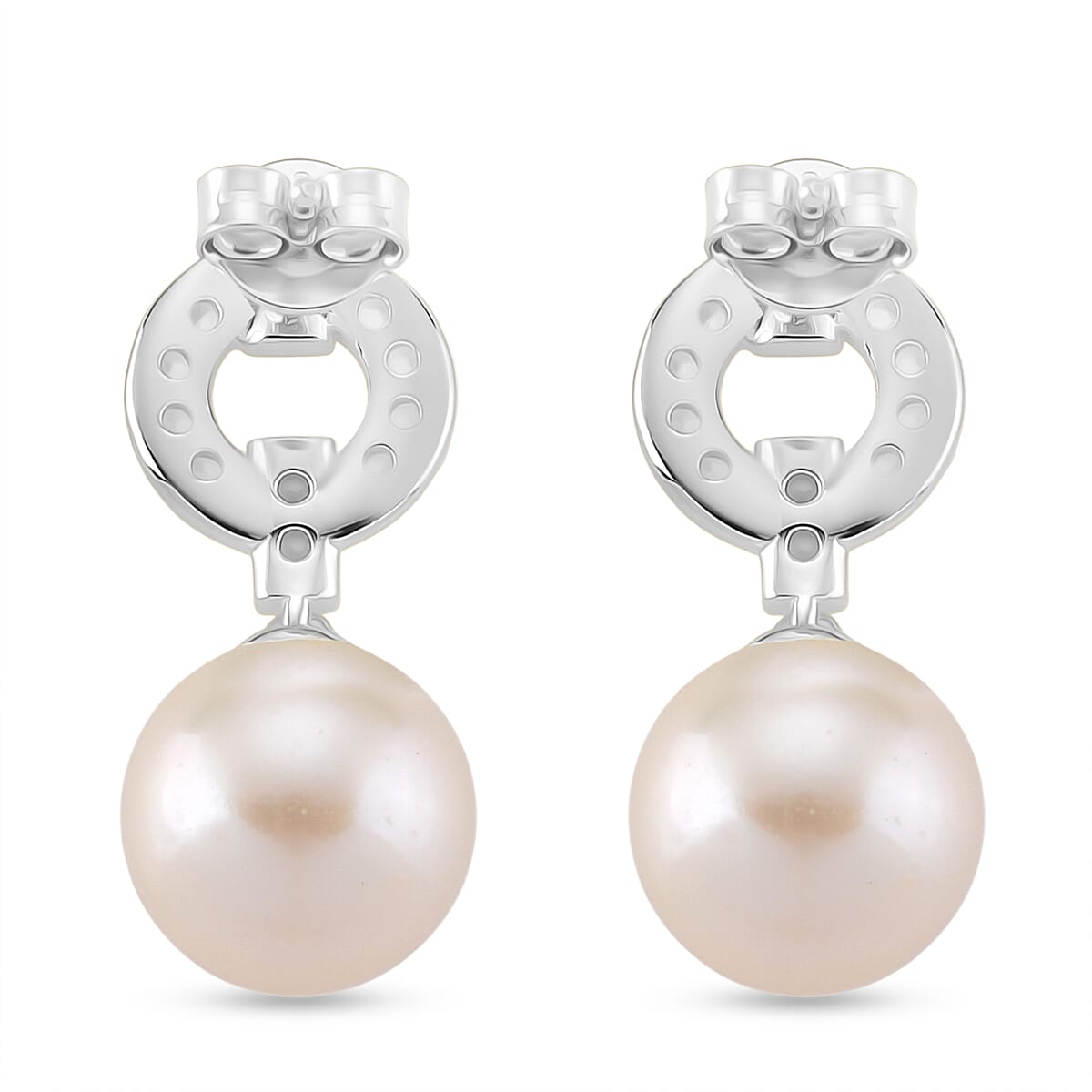 Designer Inspired - White Edison Pearl & Natural Zircon Dangle Earrings with Push Back in Rhodium Overlay Sterling Silver