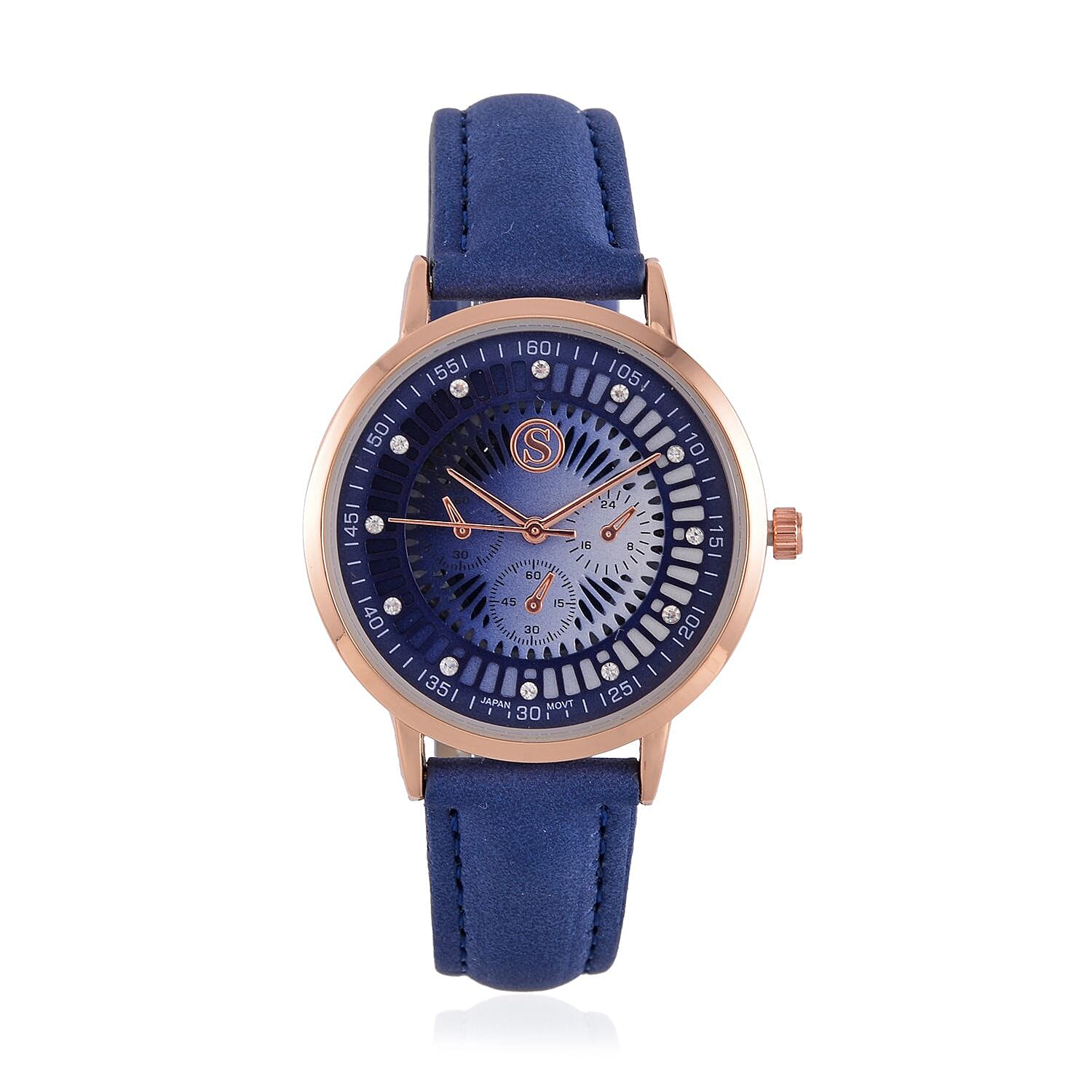 STRADA Japan Movt. Crystal Studded Dial Rose Gold Crown Water Resistant Watch With Blue Leatherette Strap