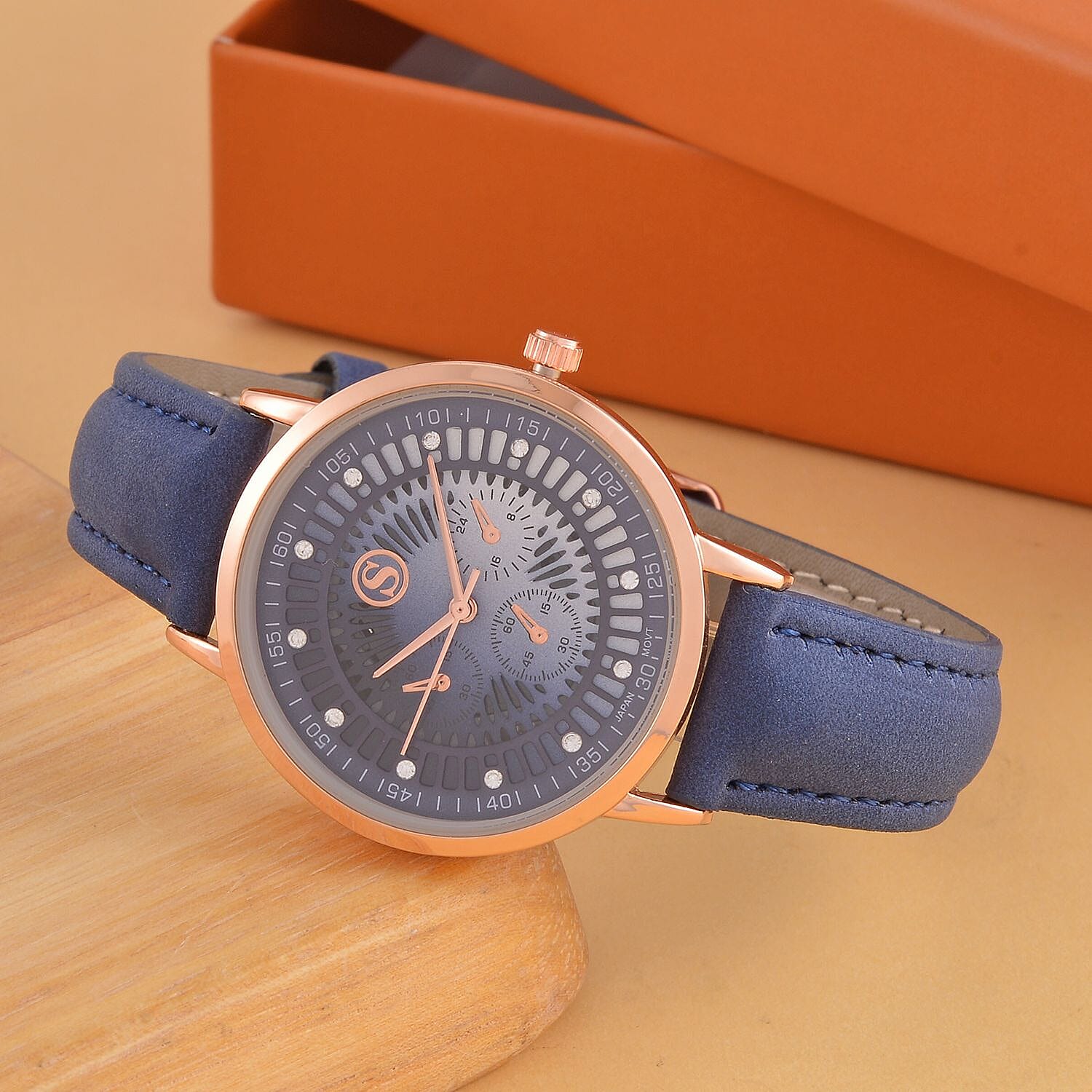 STRADA Japan Movt. Crystal Studded Dial Rose Gold Crown Water Resistant Watch With Blue Leatherette Strap