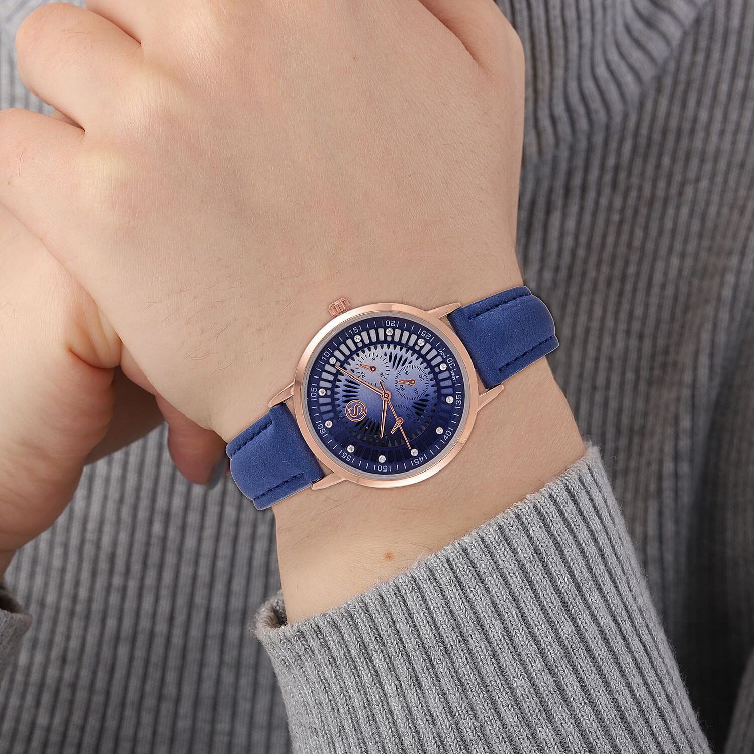 STRADA Japan Movt. Crystal Studded Dial Rose Gold Crown Water Resistant Watch With Blue Leatherette Strap