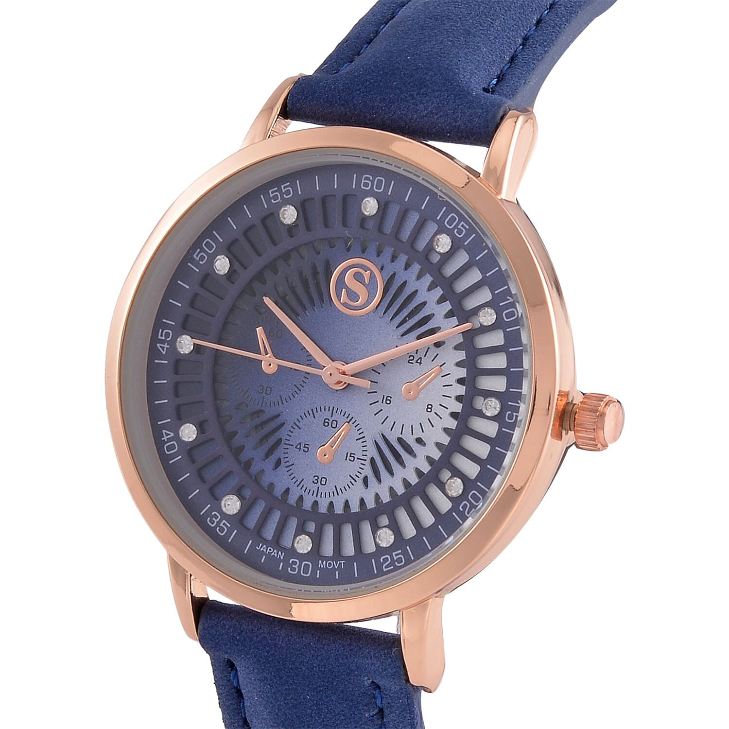 STRADA Japan Movt. Crystal Studded Dial Rose Gold Crown Water Resistant Watch With Blue Leatherette Strap