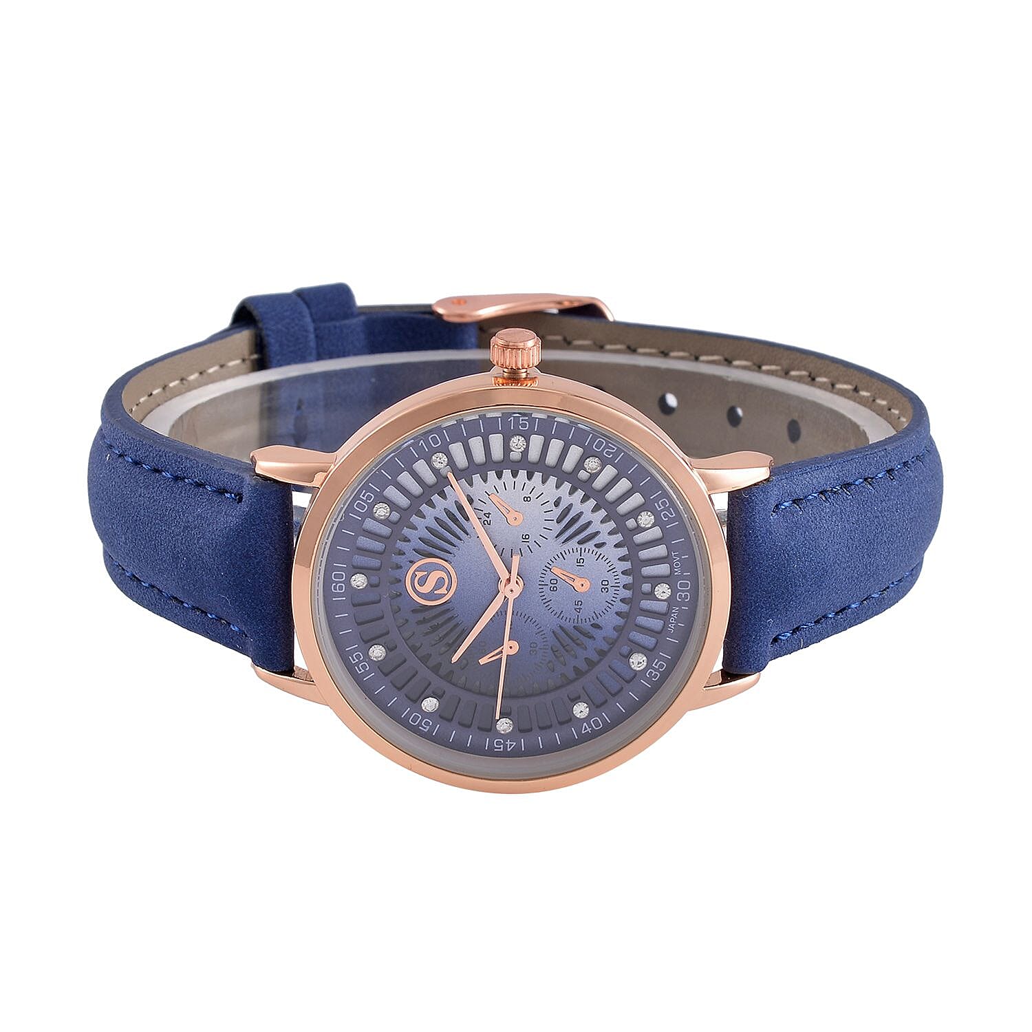 STRADA Japan Movt. Crystal Studded Dial Rose Gold Crown Water Resistant Watch With Blue Leatherette Strap