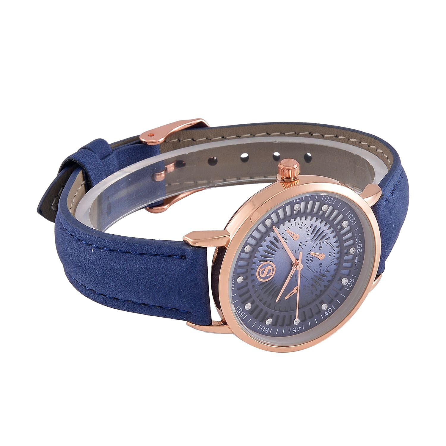 STRADA Japan Movt. Crystal Studded Dial Rose Gold Crown Water Resistant Watch With Blue Leatherette Strap