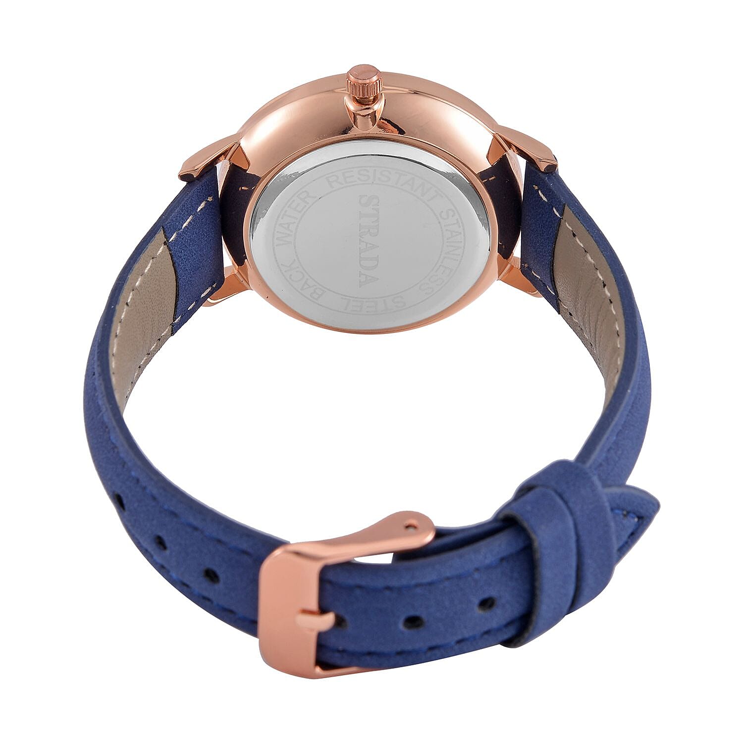 STRADA Japan Movt. Crystal Studded Dial Rose Gold Crown Water Resistant Watch With Blue Leatherette Strap