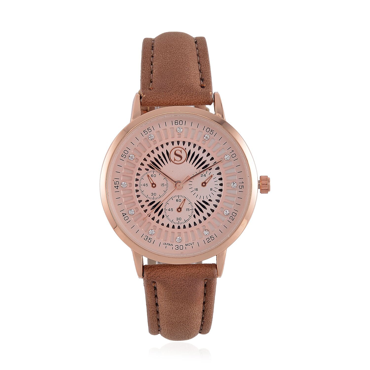 STRADA Japan Movt. Crystal Studded Dial Rose Gold Crown Water Resistant Watch With Coffee Leatherette Strap