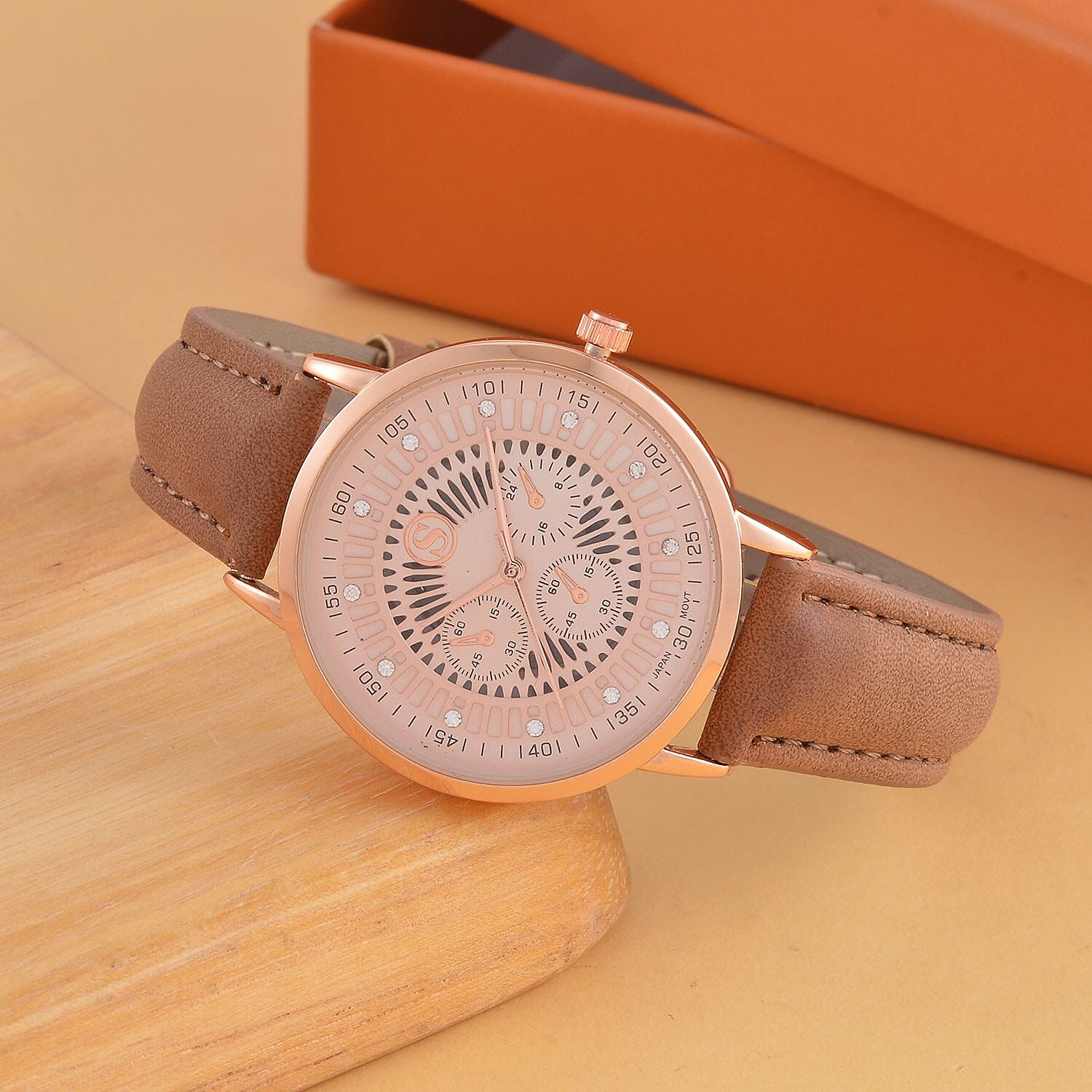 STRADA Japan Movt. Crystal Studded Dial Rose Gold Crown Water Resistant Watch With Coffee Leatherette Strap