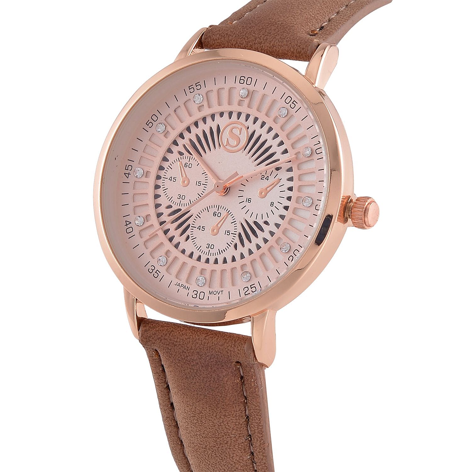 STRADA Japan Movt. Crystal Studded Dial Rose Gold Crown Water Resistant Watch With Coffee Leatherette Strap