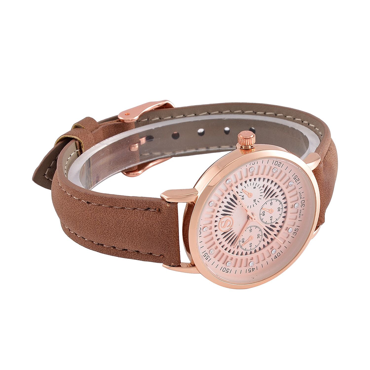 STRADA Japan Movt. Crystal Studded Dial Rose Gold Crown Water Resistant Watch With Coffee Leatherette Strap