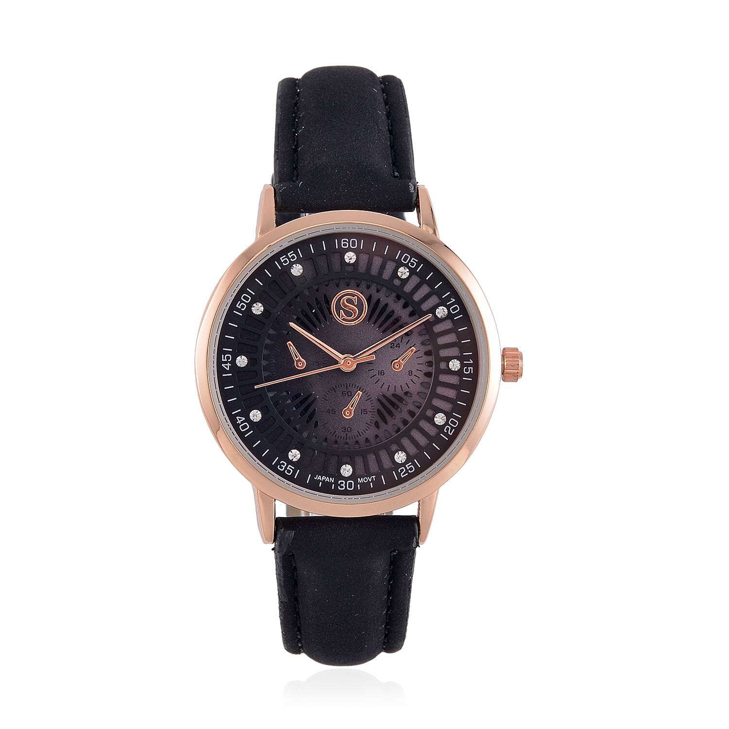 STRADA Japan Movt. Crystal Studded Dial Rose Gold Crown Water Resistant Watch With Black Leatherette Strap