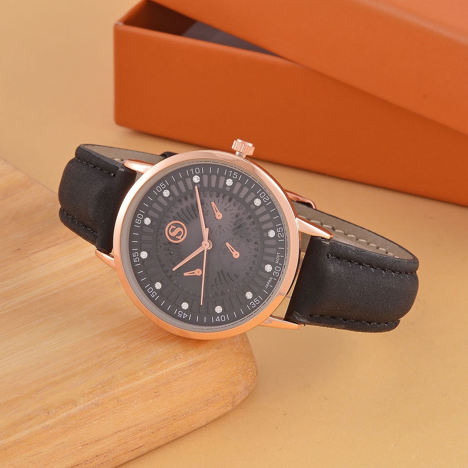 STRADA Japan Movt. Crystal Studded Dial Rose Gold Crown Water Resistant Watch With Black Leatherette Strap