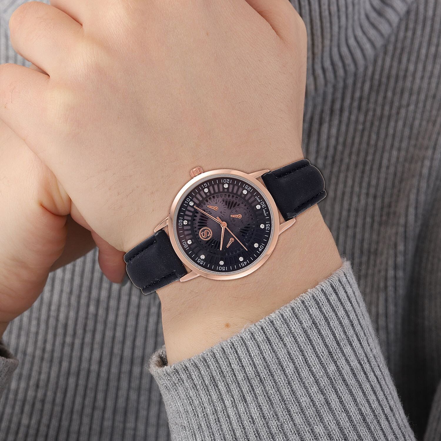 STRADA Japan Movt. Crystal Studded Dial Rose Gold Crown Water Resistant Watch With Black Leatherette Strap