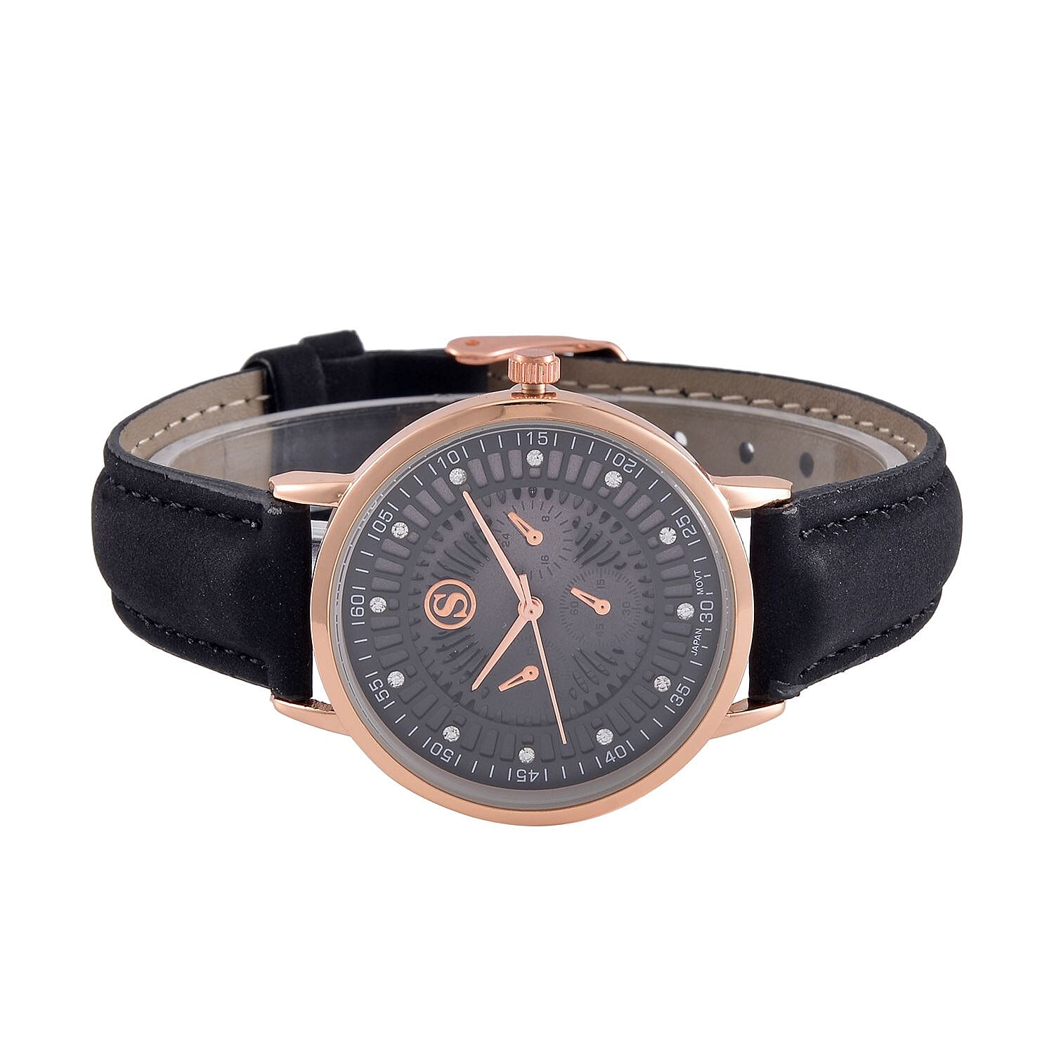 STRADA Japan Movt. Crystal Studded Dial Rose Gold Crown Water Resistant Watch With Black Leatherette Strap