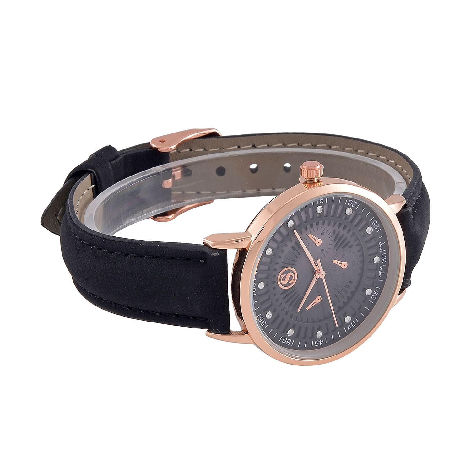 STRADA Japan Movt. Crystal Studded Dial Rose Gold Crown Water Resistant Watch With Black Leatherette Strap