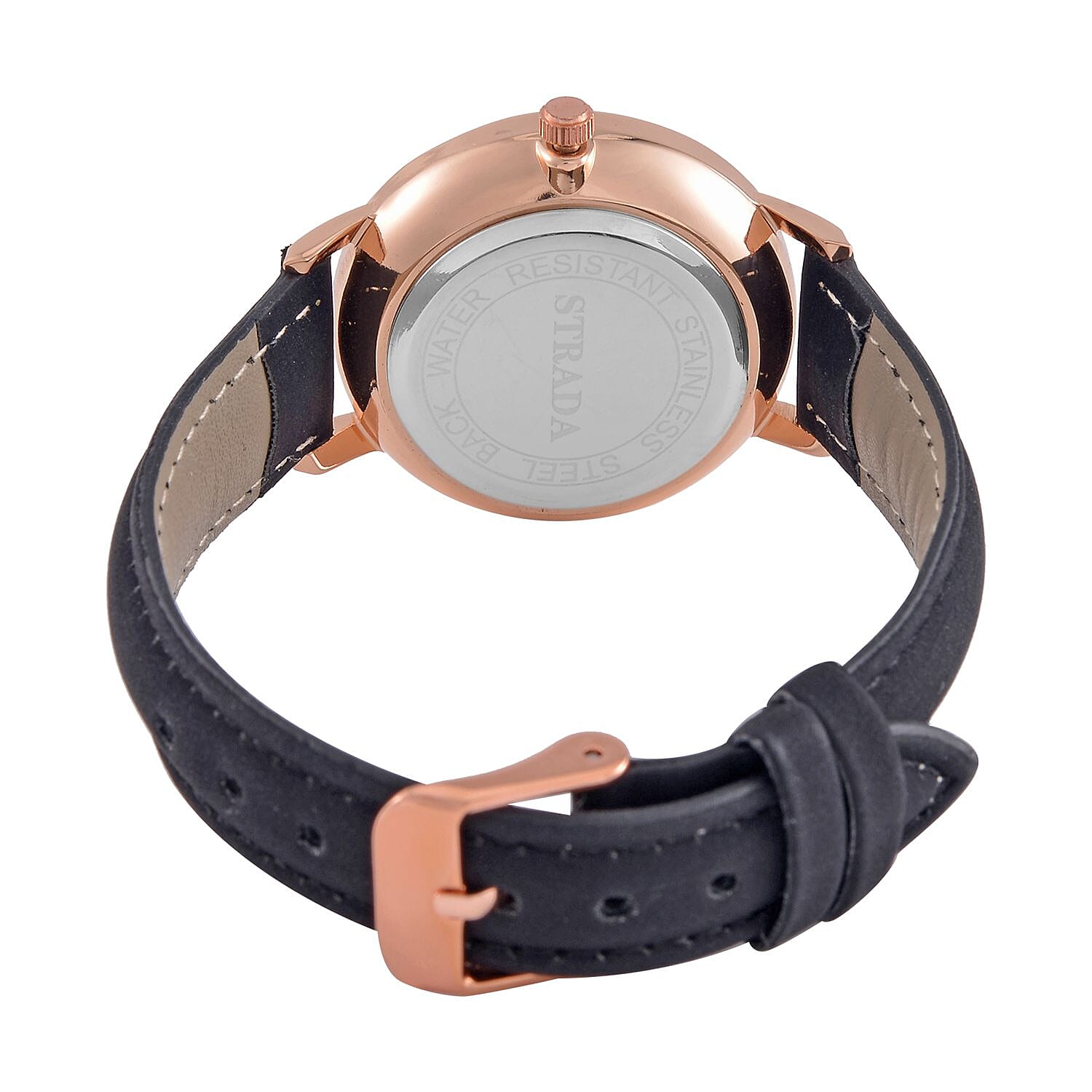 STRADA Japan Movt. Crystal Studded Dial Rose Gold Crown Water Resistant Watch With Black Leatherette Strap