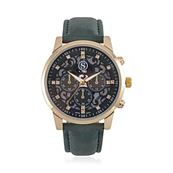 STRADA Multifunction Japanese Movement Crystal Studded 35mm Green Gradient Hollow Literal Dial Gold Overlay Casing With Green Leatherette Strap