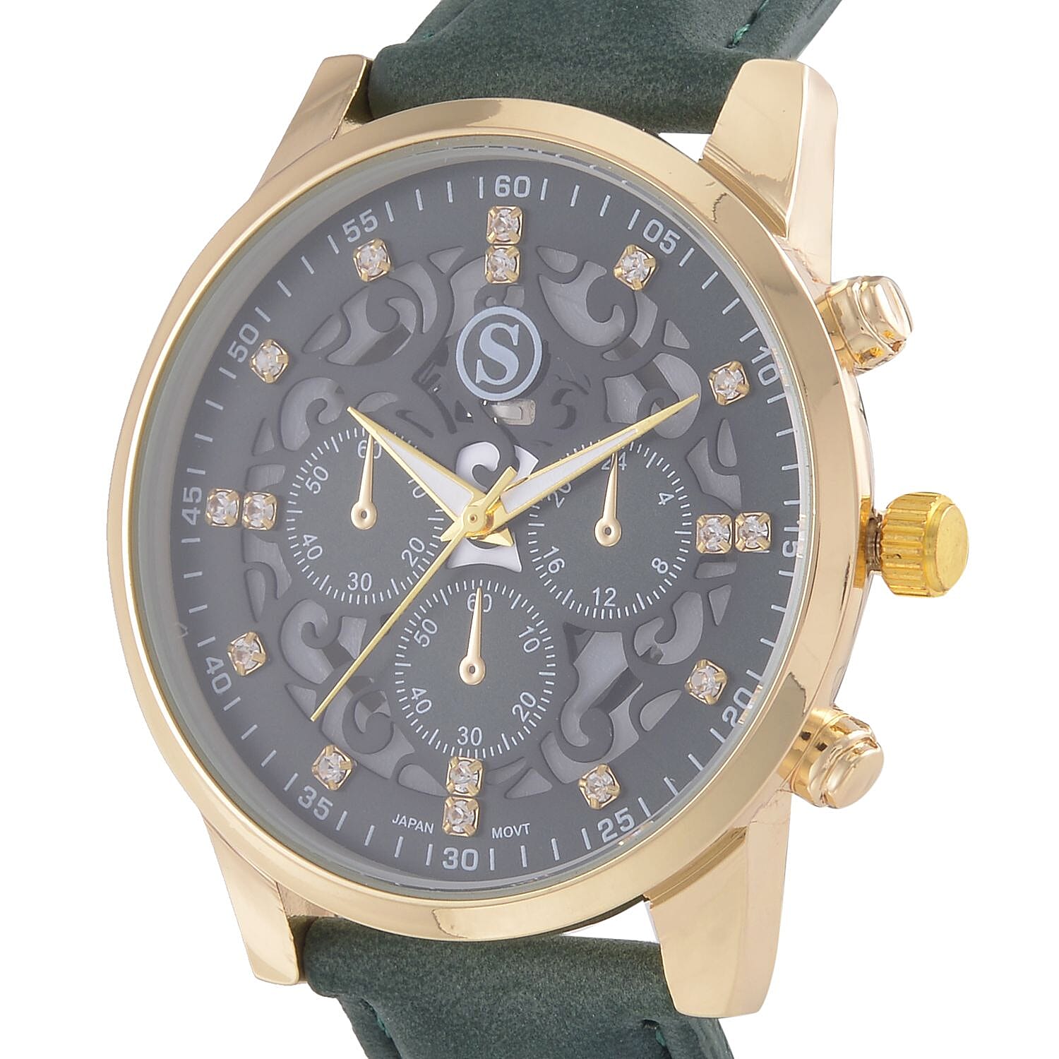 STRADA Multifunction Japanese Movement Crystal Studded 35mm Green Gradient Hollow Literal Dial Gold Overlay Casing With Green Leatherette Strap